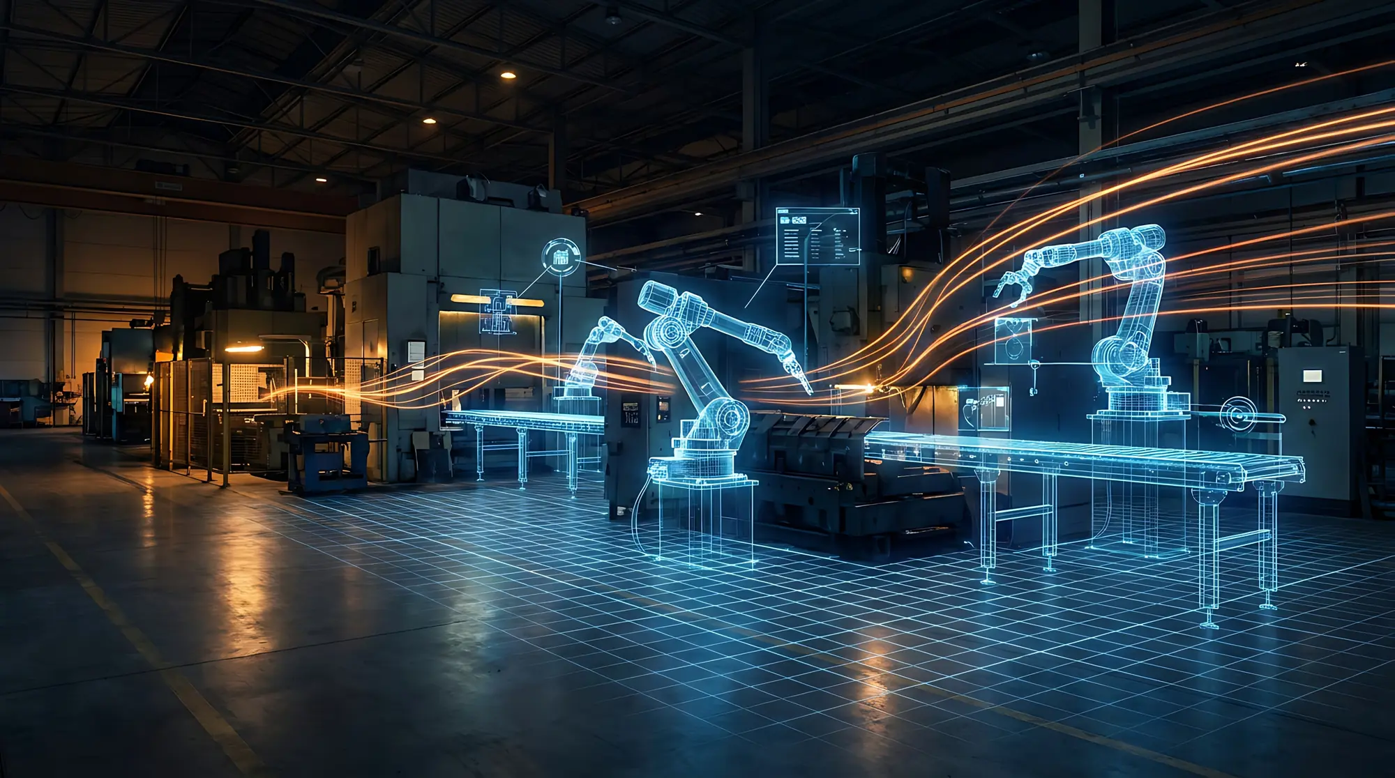 Digital twin overlay of robotic arms and conveyors on a factory production line