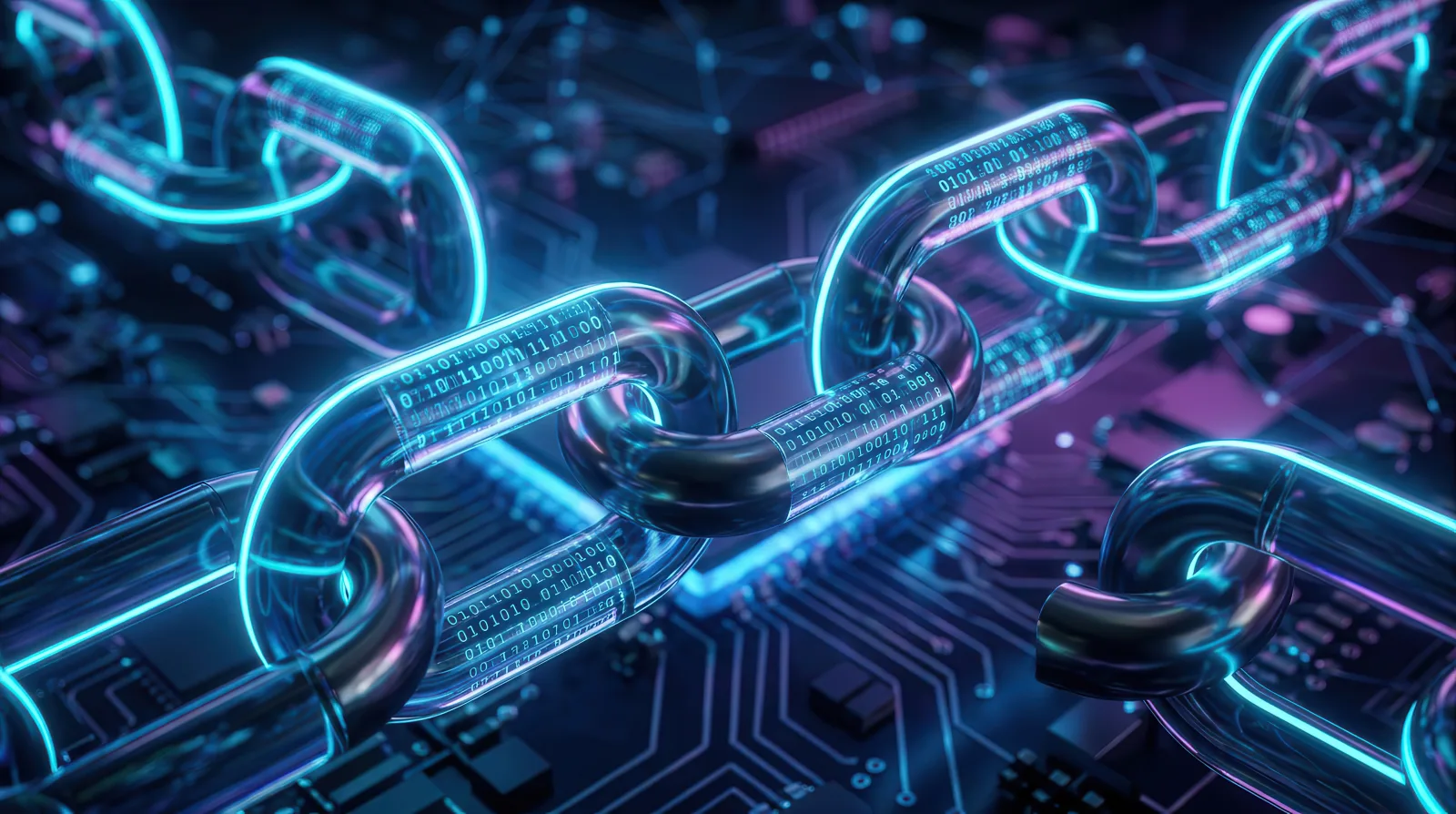 Glowing digital chain links overlaid on a circuit board representing a secure digital thread