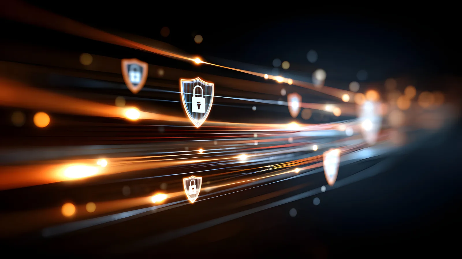 Streaks of light around glowing shield icons representing secured data in motion