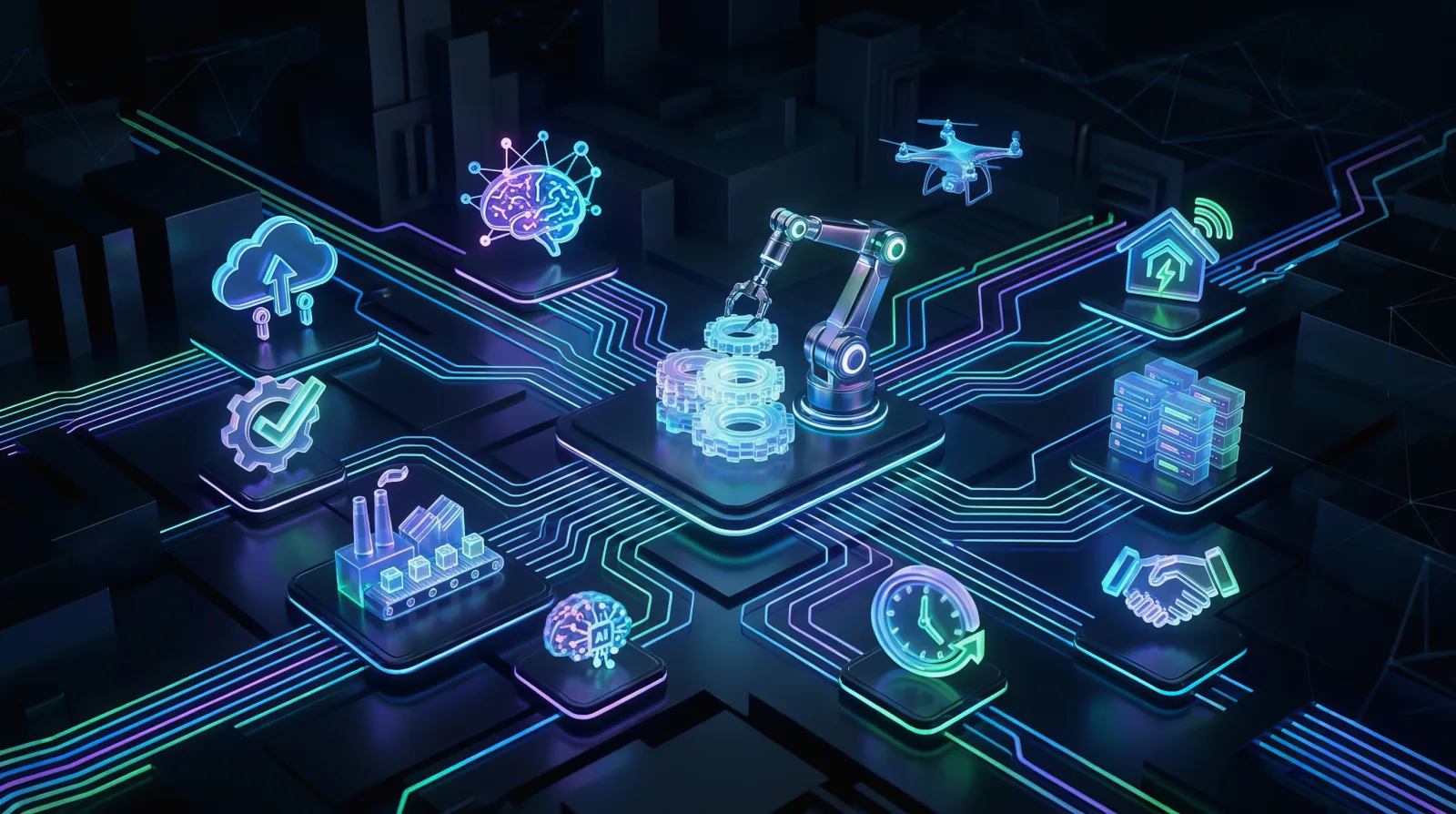 Connected manufacturing ecosystem with robotics, drones, factories and AI represented as glowing icons on a digital grid