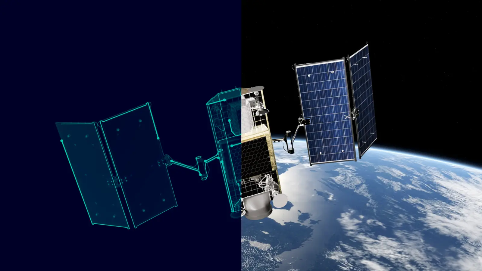 Satellite in orbit above Earth, one half rendered as a digital twin wireframe and the other half as the physical spacecraft